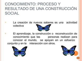CONOCIMIENTO: PROCESO Y
RESULTADO DE UNA CONSTRUCCIÓN
SOCIAL

       La creación de nuevos saberes es una      actividad
        colectiva

       El aprendizaje, la construcción o reconstrucción de
        conocimiento que las         personas realizan para
        conocer el mundo, se apoyan en un esfuerzo
    conjunto y en la interacción con otros.
 
