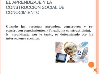 EL APRENDIZAJE Y LA
CONSTRUCCIÓN SOCIAL DE
CONOCIMIENTO


Cuando las personas aprenden, construyen y re-
construyen conocimientos. (Paradigma constructivista).
El aprendizaje, por lo tanto, es determinado por las
interacciones sociales.
 