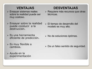 VENTAJAS
 Ensayar sistemas reales
sobre la realidad puede ser
muy costoso.
 Ensayar sobre la realidad
puede conducir a la
destrucción.
 Es una herramienta
eficiente de predicción.
 Es muy flexible a
cambios.
 Ayuda en la
experimentación
DESVENTAJAS
 Requiere más recursos que otras
técnicas.
 El tiempo de desarrollo del
modelo es muy alto.
 No da soluciones óptimas.
 Da un falso sentido de seguridad.
 