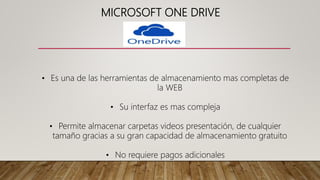 MICROSOFT ONE DRIVE
• Es una de las herramientas de almacenamiento mas completas de
la WEB
• Su interfaz es mas compleja
• Permite almacenar carpetas videos presentación, de cualquier
tamaño gracias a su gran capacidad de almacenamiento gratuito
• No requiere pagos adicionales
 