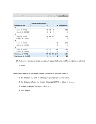 14. Ya tenemos lo que queríamos. Ahora desde la pestaña Diseño modifica el aspecto de la tabla a
tu gusto.
Ahora vamos a filtrar los resultados para ver solamente los datos del cliente 4.
1. Haz clic sobre una celda de la tabla para que aparezca el panel lateral.
2. Haz clic sobre la flecha a la derecha del campo CLIENTE en la lista de campos.
3. Deselecciona todos los clientes menos el 4.
4. Pulsa Aceptar.
 