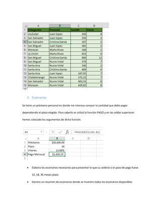 2. Escenarios
Se tiene un préstamo personal en donde me interesa conocer la cantidad que debo pagar
dependiendo el plazo elegido. Para saberlo se utilizó la función PAGO y en las celdas superiores
hemos colocado los argumentos de dicha función.
 Elabora los escenarios necesarios para presentar lo que su cedería si el pazo de pago fuese
12, 18, 36 meses plazo
 Genera un resumen de escenarios donde se muestre todos los escenarios disponibles
 