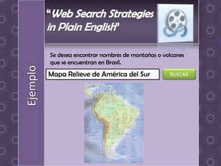 Se desea encontrar nombres de montañas o volcanes
que se encuentran en Brasil.
Mapa Relieve de América del Sur            BUSCAR
 