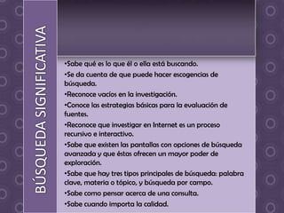 •Sabe qué es lo que él o ella está buscando.
•Se da cuenta de que puede hacer escogencias de
búsqueda.
•Reconoce vacíos en la investigación.
•Conoce las estrategias básicas para la evaluación de
fuentes.
•Reconoce que investigar en Internet es un proceso
recursivo e interactivo.
•Sabe que existen las pantallas con opciones de búsqueda
avanzada y que éstas ofrecen un mayor poder de
exploración.
•Sabe que hay tres tipos principales de búsqueda: palabra
clave, materia o tópico, y búsqueda por campo.
•Sabe como pensar acerca de una consulta.
•Sabe cuando importa la calidad.
 