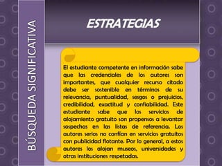El estudiante competente en información sabe
que las credenciales de los autores son
importantes, que cualquier recurso citado
debe ser sostenible en términos de su
relevancia, puntualidad, sesgos o prejuicios,
credibilidad, exactitud y confiabilidad. Este
estudiante sabe que los servicios de
alojamiento gratuito son propensos a levantar
sospechas en las listas de referencia. Los
autores serios no confían en servicios gratuitos
con publicidad flotante. Por lo general, a estos
autores los alojan museos, universidades y
otras instituciones respetadas.
 