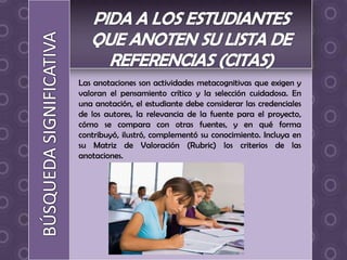 Las anotaciones son actividades metacognitivas que exigen y
valoran el pensamiento crítico y la selección cuidadosa. En
una anotación, el estudiante debe considerar las credenciales
de los autores, la relevancia de la fuente para el proyecto,
cómo se compara con otras fuentes, y en qué forma
contribuyó, ilustró, complementó su conocimiento. Incluya en
su Matriz de Valoración (Rubric) los criterios de las
anotaciones.
 