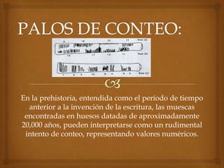 En la prehistoria, entendida como el período de tiempo 
anterior a la invención de la escritura, las muescas 
encontradas en huesos datadas de aproximadamente 
20,000 años, pueden interpretarse como un rudimental 
intento de conteo, representando valores numéricos. 
 