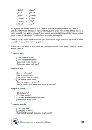 101HERRAMIENTAS PARA LA MEJORA DE LA CALIDAD
- ¿Quién? - ¿Who?
- ¿Qué? - ¿What?
- ¿Dónde? - ¿Where?
- ¿Cuándo? - ¿When?
- ¿Por qué? - ¿Why?
- ¿Cómo? - ¿How?
En inglés se las resume como las 5 W y 1 H, en español, puede aparecer como QQDCPC.
Esta es una forma de saber quién hace una tarea, qué es lo que hace, dónde la hace, cuándo la
hace, porqué la hace y cómo la hace. Puede ser una herramienta de gran utilidad cuando se está
estructurando la documentación del sistema de gestión de la calidad.
También puede usarse esta herramienta para establecer la mejor estructura organizativa, hacer
selección de personal, constituir grupos, etc.
A continuación se presenta algunas de las preguntas de este tipo que pueden utilizarse con dife-
rentes objetivos:
Preguntas quién
¿Quién debería hacerlo?
¿Quién no debería hacerlo?
¿Quién más podría hacerlo?
¿Quién más podría participar?
Preguntas qué
¿Qué se ha logrado?
¿Qué se debería hacer?
¿Qué pasaría si no se hiciera?
¿Qué más se puede hacer?
¿Qué menos se puede hacer?
¿Qué se puede hacer ahora, esta semana, este año?
Preguntas dónde
¿Dónde hacerlo?
¿Dónde no hacerlo?
¿Dónde es más conveniente hacerlo?
¿Dónde sería ideal hacerlo?
Preguntas cuándo
¿Cuándo se debe?
¿Cuándo no se debería?
¿Cuándo habrá tiempo disponible para hacerlo?
 