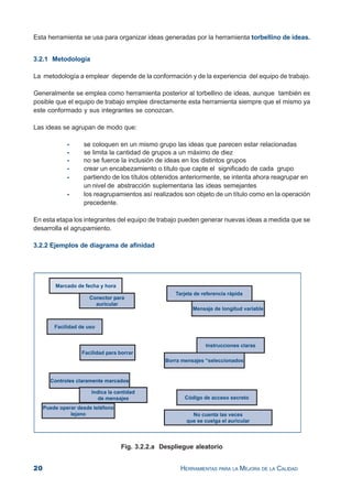 20 HERRAMIENTAS PARA LA MEJORA DE LA CALIDAD
Esta herramienta se usa para organizar ideas generadas por la herramienta torbellino de ideas.
3.2.1 Metodología
La metodología a emplear depende de la conformación y de la experiencia del equipo de trabajo.
Generalmente se emplea como herramienta posterior al torbellino de ideas, aunque también es
posible que el equipo de trabajo emplee directamente esta herramienta siempre que el mismo ya
este conformado y sus integrantes se conozcan.
Las ideas se agrupan de modo que:
- se coloquen en un mismo grupo las ideas que parecen estar relacionadas
- se limita la cantidad de grupos a un máximo de diez
- no se fuerce la inclusión de ideas en los distintos grupos
- crear un encabezamiento o título que capte el significado de cada grupo
- partiendo de los títulos obtenidos anteriormente, se intenta ahora reagrupar en
un nivel de abstracción suplementaria las ideas semejantes
- los reagrupamientos así realizados son objeto de un título como en la operación
precedente.
En esta etapa los integrantes del equipo de trabajo pueden generar nuevas ideas a medida que se
desarrolla el agrupamiento.
3.2.2 Ejemplos de diagrama de afinidad
Fig. 3.2.2.a Despliegue aleatorio
 