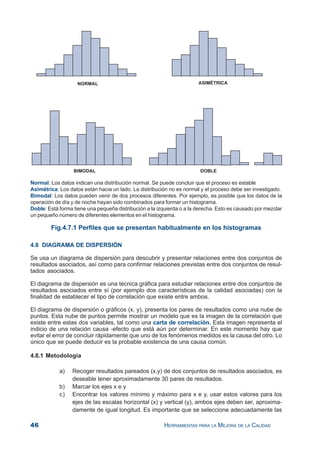 46 HERRAMIENTAS PARA LA MEJORA DE LA CALIDAD
Normal: Los datos indican una distribución normal. Se puede concluir que el proceso es estable
Asimétrica: Los datos están hacia un lado. La distribución no es normal y el proceso debe ser investigado.
Bimodal: Los datos pueden venir de dos procesos diferentes. Por ejemplo, es posible que los datos de la
operación de día y de noche hayan sido combinados para formar un histograma.
Doble: Está forma tiene una pequeña distribución a la izquierda o a la derecha. Esto es causado por mezclar
un pequeño número de diferentes elementos en el histograma.
Fig.4.7.1 Perfiles que se presentan habitualmente en los histogramas
4.8 DIAGRAMA DE DISPERSIÓN
Se usa un diagrama de dispersión para descubrir y presentar relaciones entre dos conjuntos de
resultados asociados, así como para confirmar relaciones previstas entre dos conjuntos de resul-
tados asociados.
El diagrama de dispersión es una técnica gráfica para estudiar relaciones entre dos conjuntos de
resultados asociados entre sí (por ejemplo dos características de la calidad asociadas) con la
finalidad de establecer el tipo de correlación que existe entre ambos.
El diagrama de dispersión o gráficos (x, y), presenta los pares de resultados como una nube de
puntos. Esta nube de puntos permite mostrar un modelo que es la imagen de la correlación que
existe entre estas dos variables, tal como una carta de correlación. Esta imagen representa el
indicio de una relación causa -efecto que está aún por determinar. En este momento hay que
evitar el error de concluir rápidamente que uno de los fenómenos medidos es la causa del otro. Lo
único que se puede deducir es la probable existencia de una causa común.
4.8.1 Metodología
a) Recoger resultados pareados (x,y) de dos conjuntos de resultados asociados, es
deseable tener aproximadamente 30 pares de resultados.
b) Marcar los ejes x e y
c) Encontrar los valores mínimo y máximo para x e y, usar estos valores para los
ejes de las escalas horizontal (x) y vertical (y), ambos ejes deben ser, aproxima-
damente de igual longitud. Es importante que se seleccione adecuadamente las
 