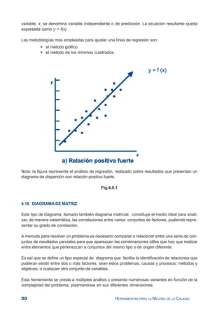 50 HERRAMIENTAS PARA LA MEJORA DE LA CALIDAD
variable, x, se denomina variable independiente o de predicción. La ecuación resultante queda
expresada como y = f(x).
Las metodologías más empleadas para ajustar una línea de regresión son:
el método gráfico
el método de los mínimos cuadrados.
Nota: la figura representa el análisis de regresión, realizado sobre resultados que presentan un
diagrama de dispersión con relación positiva fuerte.
Fig.4.9.1
4.10 DIAGRAMA DE MATRIZ
Este tipo de diagrama, llamado también diagrama matricial, constituye el medio ideal para anali-
zar, de manera sistemática, las correlaciones entre varios conjuntos de factores, pudiendo repre-
sentar su grado de correlación.
A menudo para resolver un problema es necesario comparar o relacionar entre una serie de con-
juntos de resultados parciales para que aparezcan las combinaciones útiles que hay que realizar
entre elementos que pertenezcan a conjuntos del mismo tipo o de origen diferente.
Es así que se define un tipo especial de diagrama que facilita la identificación de relaciones que
pudieran existir entre dos o más factores, sean estos problemas, causas y procesos; métodos y
objetivos; o cualquier otro conjunto de variables.
Esta herramienta se presta a múltiples análisis y presenta numerosas variantes en función de la
complejidad del problema, plasmándose en sus diferentes dimensiones.
 