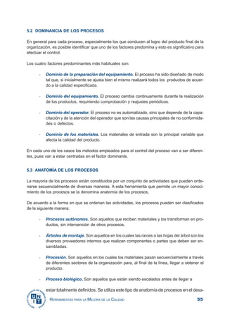 55HERRAMIENTAS PARA LA MEJORA DE LA CALIDAD
5.2 DOMINANCIA DE LOS PROCESOS
En general para cada proceso, especialmente los que conducen al logro del producto final de la
organización, es posible identificar que uno de los factores predomina y esto es significativo para
efectuar el control.
Los cuatro factores predominantes más habituales son:
- Dominio de la preparación del equipamiento. El proceso ha sido diseñado de modo
tal que, si inicialmente se ajusta bien el mismo realizará todos los productos de acuer-
do a la calidad especificada.
- Dominio del equipamiento. El proceso cambia continuamente durante la realización
de los productos, requiriendo comprobación y reajustes periódicos.
- Dominio del operador. El proceso no es automatizado, sino que depende de la capa-
citación y de la atención del operador que son las causas principales de no conformida-
des o defectos.
- Dominio de los materiales. Los materiales de entrada son la principal variable que
afecta la calidad del producto.
En cada uno de los casos los métodos empleados para el control del proceso van a ser diferen-
tes, pues van a estar centradas en el factor dominante.
5.3 ANATOMÍA DE LOS PROCESOS
La mayoría de los procesos están constituidos por un conjunto de actividades que pueden orde-
narse secuencialmente de diversas maneras. A esta herramienta que permite un mayor conoci-
miento de los procesos se la denomina anatomía de los procesos.
De acuerdo a la forma en que se ordenan las actividades, los procesos pueden ser clasificados
de la siguiente manera:
- Procesos autónomos. Son aquellos que reciben materiales y los transforman en pro-
ductos, sin intervención de otros procesos.
- Árboles de montaje. Son aquellos en los cuales las raíces o las hojas del árbol son los
diversos proveedores internos que realizan componentes o partes que deben ser en-
sambladas.
- Procesión. Son aquellos en los cuales los materiales pasan secuencialmente a través
de diferentes sectores de la organización para, al final de la línea, llegar a obtener el
producto.
- Proceso biológico. Son aquellos que están siendo escalados antes de llegar a
estar totalmente definidos. Se utiliza este tipo de anatomía de procesos en el desa-
 