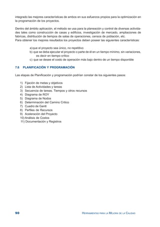 90 HERRAMIENTAS PARA LA MEJORA DE LA CALIDAD
integrado las mejores características de ambos en sus esfuerzos propios para la optimización en
la programación de los proyectos.
Dentro del ámbito aplicación, el método se usa para la planeación y control de diversas activida-
des tales como construcción de casas y edificios, investigación de mercado, ampliaciones de
fabricas, distribución de tiempos de salas de operaciones, censos de población, etc.
Para obtener los mejores resultados los proyectos deben poseer las siguientes características:
a)que el proyecto sea único, no repetitivo
b) que se deba ejecutar el proyecto o parte de él en un tiempo mínimo, sin variaciones,
es decir en tiempo crítico
c) que se desee el costo de operación más bajo dentro de un tiempo disponible
7.6 PLANIFICACIÓN Y PROGRAMACIÓN
Las etapas de Planificación y programación podrían constar de los siguientes pasos:
1) Fijación de metas y objetivos
2) Lista de Actividades y tareas
3) Secuencia de tareas. Tiempos y otros recursos
4) Diagrama de ROY
5) Diagrama de Nodos
6) Determinación del Camino Critico
7) Cuadro de Gantt
8) Perfiles de Recursos
9) Aceleración del Proyecto
10) Análisis de Costos
11) Documentación y Registros
 