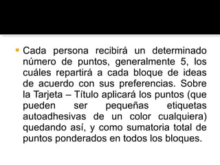 Cada persona recibirá un determinado número de puntos, generalmente 5, los cuáles repartirá a cada bloque de ideas de acuerdo con sus preferencias. Sobre la Tarjeta – Título aplicará los puntos (que pueden ser pequeñas etiquetas autoadhesivas de un color cualquiera) quedando así, y como sumatoria total de puntos ponderados en todos los bloques.  