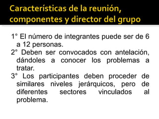 1° El número de integrantes puede ser de 6 a 12 personas.  2° Deben ser convocados con antelación, dándoles a conocer los problemas a tratar.  3° Los participantes deben proceder de similares niveles jerárquicos, pero de diferentes sectores vinculados al problema.  