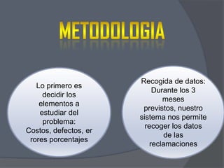 Lo primero es
decidir los
elementos a
estudiar del
problema:
Costos, defectos, er
rores porcentajes

Recogida de datos:
Durante los 3
meses
previstos, nuestro
sistema nos permite
recoger los datos
de las
reclamaciones

 