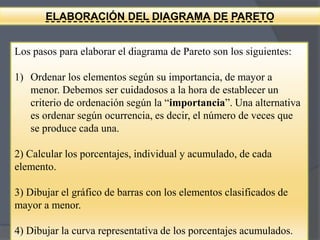 ELABORACIÓN DEL DIAGRAMA DE PARETO
Los pasos para elaborar el diagrama de Pareto son los siguientes:
1) Ordenar los elementos según su importancia, de mayor a
menor. Debemos ser cuidadosos a la hora de establecer un
criterio de ordenación según la “importancia”. Una alternativa
es ordenar según ocurrencia, es decir, el número de veces que
se produce cada una.
2) Calcular los porcentajes, individual y acumulado, de cada
elemento.
3) Dibujar el gráfico de barras con los elementos clasificados de
mayor a menor.

4) Dibujar la curva representativa de los porcentajes acumulados.

 