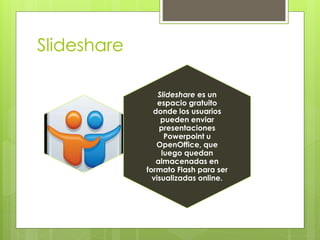 Slideshare 
Slideshare es un 
espacio gratuito 
donde los usuarios 
pueden enviar 
presentaciones 
Powerpoint u 
OpenOffice, que 
luego quedan 
almacenadas en 
formato Flash para ser 
visualizadas online. 
 