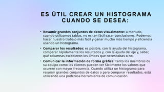 ES ÚTIL CREAR UN HISTOGRAMA
CUANDO SE DESEA:
• Resumir grandes conjuntos de datos visualmente: a menudo,
cuando utilizamos tablas, no es tan fácil sacar conclusiones. Podemos
hacer nuestro trabajo más fácil y ganar mucho más tiempo y eficiencia
usando un histograma.
• Comparar los resultados: es posible, con la ayuda del histograma,
comparar rápidamente los resultados y, con la ayuda del eje y, saber,
qué columnas excedieron los límites que necesitabas o no.
• Comunicar la información de forma gráfica: tanto los miembros de
su equipo como los clientes pueden ver fácilmente los valores que
ocurren con mayor frecuencia. Cuando utiliza un histograma para
resumir grandes conjuntos de datos o para comparar resultados, está
utilizando una poderosa herramienta de comunicación.
 