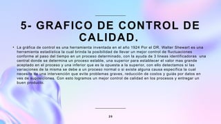 5- GRAFICO DE CONTROL DE
CALIDAD.
• La gráfica de control es una herramienta inventada en el año 1924 Por el DR. Walter Shewart es una
herramienta estadística la cual brinda la posibilidad de llevar un mejor control de fluctuaciones
conforme al paso del tiempo en un proceso determinado, con la ayuda de 3 lineas identificadoras una
central donde se determina un proceso estable, una superior para establecer el valor mas grande
aceptado en el proceso y una inferior que es la opuesta a la superior, con ello detectamos si las
variaciones de la misma se debe a un proceso normal o si existe alguna causa especifica la cual
necesite de una intervención que evite problemas graves, reducción de costos y guiás por datos en
ves de suposiciones. Con esto logramos un mejor control de calidad en los procesos y entregar un
buen producto.
2 0
 
