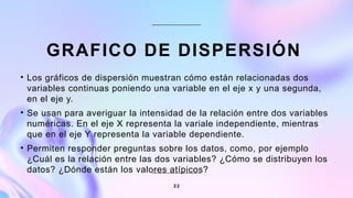 GRAFICO DE DISPERSIÓN
• Los gráficos de dispersión muestran cómo están relacionadas dos
variables continuas poniendo una variable en el eje x y una segunda,
en el eje y.
• Se usan para averiguar la intensidad de la relación entre dos variables
numéricas. En el eje X representa la variale independiente, mientras
que en el eje Y representa la variable dependiente.
• Permiten responder preguntas sobre los datos, como, por ejemplo
¿Cuál es la relación entre las dos variables? ¿Cómo se distribuyen los
datos? ¿Dónde están los valores atípicos?
2 2
 