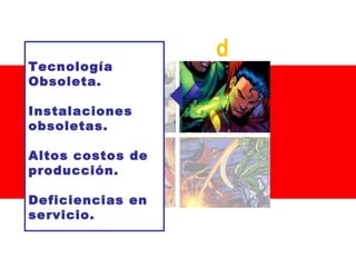 Tecnología
Obsoleta.
Instalaciones
obsoletas.
Altos costos de
producción.
Deficiencias en
servicio.

d

 