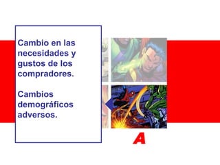 Cambio en las
necesidades y
gustos de los
compradores.
Cambios
demográficos
adversos.

A

 