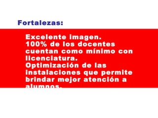 Fortalezas:
Excelente imagen.
100% de los docentes
cuentan como mínimo con
licenciatura.
Optimización de las
instalaciones que permite
brindar mejor atención a
alumnos.
Convenios Internacionales.

 