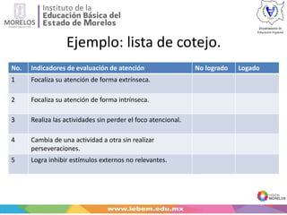 Ejemplo: lista de cotejo.
No. Indicadores de evaluación de atención No logrado Logado
1 Focaliza su atención de forma extrínseca.
2 Focaliza su atención de forma intrínseca.
3 Realiza las actividades sin perder el foco atencional.
4 Cambia de una actividad a otra sin realizar
perseveraciones.
5 Logra inhibir estímulos externos no relevantes.
 