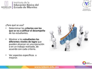 ¿Para qué se usa?
• Determinar los criterios con los
que se va a calificar el desempeño
de los estudiantes.
• Mostrar a los estudiantes los
diferentes niveles de logro que
pueden alcanzar en una ejecución
o en un trabajo realizado, de
acuerdo con cada criterio.
• Ver aspectos específicos a
mejorar.
 