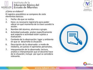 ¿Cómo se elabora?
El registro anecdótico se compone de siete
elementos básicos:
1. Fecha: día que se realiza.
2. Hora: es necesario registrarla para poder
ubicar en qué momento de la clase sucedió la
acción.
3. Nombre del alumno, alumnos o grupo.
4. Actividad evaluada: anotar específicamente
qué aspecto o actividad están sujetos a
evaluación.
5. Contexto de la observación: lugar y ambiente
en que se desarrolla la situación.
6. Descripción de lo observado: a modo de
relatoría, sin juicios ni opiniones personales.
7. Interpretación de lo observado: lectura,
análisis e interpretación que el docente hace
de la situación; incluye por qué se considera
relevante.
 