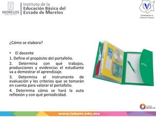 ¿Cómo se elabora?
• El docente
1. Define el propósito del portafolio.
2. Determina con qué trabajos,
producciones y evidencias el estudiante
va a demostrar el aprendizaje.
3. Determina el instrumento de
evaluación y los criterios que se tomarán
en cuenta para valorar el portafolio.
4. Determina cómo se hará la auto
reflexión y con qué periodicidad.
 
