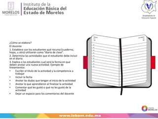 ¿Cómo se elabora?
El docente
1. Establece con los estudiantes qué recurso (cuaderno,
hojas, u otro) utilizarán como “diario de clase”.
2. Determina las actividades que el estudiante debe incluir
en el diario.
3. Explica a los estudiantes cual será la forma en que
deben anotar una nueva actividad. Ejemplo de
lineamientos:
• Escribir el título de la actividad y la competencia a
trabajar
• Incluir la fecha
• Anotar las dudas que tengan al inicio de la actividad
• Anotar lo que aprendieron al finalizar la actividad
• Comentar qué les gustó o qué no les gustó de la
actividad
• Dejar un espacio para los comentarios del docente
 