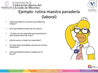 Ejemplo: rutina maestra panadería
(laboral)
• ¿Qué actividad es la primera que debemos
realizar?
• ¿Por qué debemos lavarnos las manos?
• ¿Cuáles son los materiales que necesitamos
para realizar besos de nuez?.
• ¿Cómo vamos a medir los materiales?.
• ¿En qué otras actividades usamos los mismos
materiales?
• ¿Por qué debemos tener cuidado con el
horno?
 