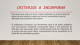 CRITERIOS A INCORPORAR
• Nos parece que cada uno de los criterios definidos en el documento de
apoyo de este material cumple una función importantísima para el
adecuado funcionamiento del entorno.
• Si pudiéramos incorporar una herramienta sería la de poder establecer
una comunicación simultánea incorporando Skype u otra aplicación de
este tipo, esto para poder gestar coordinaciones entre los integrantes de
un grupo para que exista mayor compenetración de los estudiantes en el
desarrollo de actividades grupales.
 