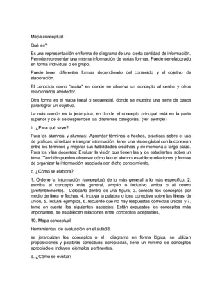 Mapa conceptual
Qué es?
Es una representación en forma de diagrama de una cierta cantidad de información.
Permite representar una misma información de varias formas. Puede ser elaborado
en forma individual o en grupo.
Puede tener diferentes formas dependiendo del contenido y el objetivo de
elaboración.
El conocido como “araña” en donde se observa un concepto al centro y otros
relacionados alrededor.
Otra forma es el mapa lineal o secuencial, donde se muestra una serie de pasos
para lograr un objetivo.
La más común es la jerárquica, en donde el concepto principal está en la parte
superior y de él se desprenden las diferentes categorías. (ver ejemplo)
b. ¿Para qué sirve?
Para los alumnos y alumnas: Aprender términos o hechos, prácticas sobre el uso
de gráficas, sintetizar e integrar información, tener una visión global con la conexión
entre los términos y mejorar sus habilidades creativas y de memoria a largo plazo.
Para los y las docentes: Evaluar la visión que tienen las y los estudiantes sobre un
tema. También pueden observar cómo la o el alumno establece relaciones y formas
de organizar la información asociada con dicho conocimiento.
c. ¿Cómo se elabora?
1. Ordene la información (conceptos) de lo más general a lo más específico, 2.
escriba el concepto más general, amplio o inclusivo arriba o al centro
(preferiblemente). Colocarlo dentro de una figura, 3. conecte los conceptos por
medio de línea o flechas, 4. incluya la palabra o idea conectiva sobre las líneas de
unión, 5. incluya ejemplos, 6. recuerde que no hay respuestas correctas únicas y 7.
tome en cuenta los siguientes aspectos: Están expuestos los conceptos más
importantes, se establecen relaciones entre conceptos aceptables,
10. Mapa conceptual
Herramientas de evaluación en el aula38
se jerarquizan los conceptos o el diagrama en forma lógica, se utilizan
proposiciones y palabras conectivas apropiadas, tiene un mínimo de conceptos
apropiado e incluyen ejemplos pertinentes.
d. ¿Cómo se evalúa?
 