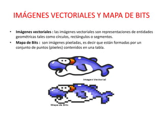IMÁGENES VECTORIALES Y MAPA DE BITS
• Imágenes vectoriales : las imágenes vectoriales son representaciones de entidades
geométricas tales como círculos, rectángulos o segmentos.
• Mapa de Bits : son imágenes pixeladas, es decir que están formadas por un
conjunto de puntos (píxeles) contenidos en una tabla.
 