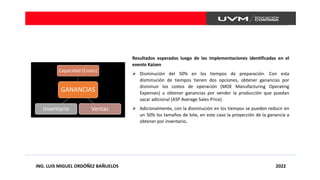 ING. LUIS MIGUEL ORDÓÑEZ BAÑUELOS 2022
Resultados esperados luego de las implementaciones identificadas en el
evento Kaizen
➢ Disminución del 50% en los tiempos de preparación. Con esta
disminución de tiempos tienen dos opciones, obtener ganancias por
disminuir los costos de operación (MOE Manufacturing Operating
Expenses) u obtener ganancias por vender la producción que puedan
sacar adicional (ASP Average Sales Price).
➢ Adicionalmente, con la disminución en los tiempos se pueden reducir en
un 50% los tamaños de lote, en este caso la proyección de la ganancia a
obtener por inventario.
 