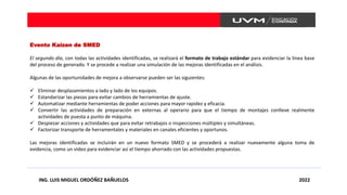 ING. LUIS MIGUEL ORDÓÑEZ BAÑUELOS 2022
Evento Kaizen de SMED
El segundo día, con todas las actividades identificadas, se realizará el formato de trabajo estándar para evidenciar la línea base
del proceso de generado. Y se procede a realizar una simulación de las mejoras identificadas en el análisis.
Algunas de las oportunidades de mejora a observarse pueden ser las siguientes:
✓ Eliminar desplazamientos a lado y lado de los equipos.
✓ Estandarizar las piezas para evitar cambios de herramientas de ajuste.
✓ Automatizar mediante herramientas de poder acciones para mayor rapidez y eficacia.
✓ Convertir las actividades de preparación en externas al operario para que el tiempo de montajes conlleve realmente
actividades de puesta a punto de máquina.
✓ Despiezar acciones y actividades que para evitar retrabajos o inspecciones múltiples y simultáneas.
✓ Factorizar transporte de herramentales y materiales en canales eficientes y oportunos.
Las mejoras identificadas se incluirán en un nuevo formato SMED y se procederá a realizar nuevamente alguna toma de
evidencia, como un video para evidenciar así el tiempo ahorrado con las actividades propuestas.
 
