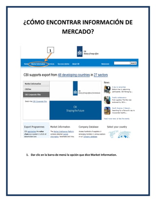 ¿CÓMO ENCONTRAR INFORMACIÓN DE
MERCADO?
1. Dar clic en la barra de menú la opción que dice Market Information.
1
 