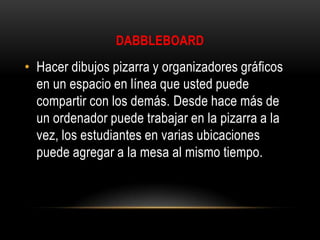DABBLEBOARD

• Hacer dibujos pizarra y organizadores gráficos
en un espacio en línea que usted puede
compartir con los demás. Desde hace más de
un ordenador puede trabajar en la pizarra a la
vez, los estudiantes en varias ubicaciones
puede agregar a la mesa al mismo tiempo.

 