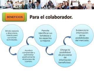 Brinda asesoría
y direcciona_
miento para
sus futuras
actividades.
Ayuda a
comprender y
administrar
positivamente
el proceso de
cambio.
Permite
identificar sus
fortalezas y
los aspectos
a mejorar.
Otorga la
posibilidad
de proveerse
de
información
beneficiosa .
Evidencia la
información
de las
posibilidades
del mercado.
BENEFICIOS
 