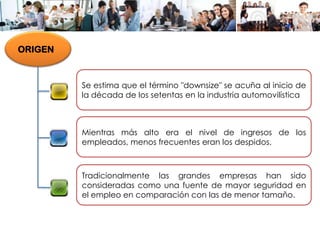 ORIGEN
Se estima que el término "downsize" se acuña al inicio de
la década de los setentas en la industria automovilística
Mientras más alto era el nivel de ingresos de los
empleados, menos frecuentes eran los despidos.
Tradicionalmente las grandes empresas han sido
consideradas como una fuente de mayor seguridad en
el empleo en comparación con las de menor tamaño.
 