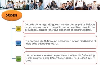 ORIGEN
El concepto de Outsourcing comienza a ganar credibilidad al
inicio de la década de los 70’s.
Después de la segunda guerra mundial ,las empresas trataron
de concentrar en sí mismas la mayor cantidad posible de
actividades, para no tener que depender de los proveedores.
Las primeras empresas en implementar modelos de Outsourcing
fueron gigantes como EDS, Arthur Andersen, Price Waterhouse y
otros.
 