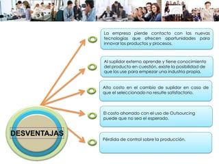CDESVENTAJAS
La empresa pierde contacto con las nuevas
tecnologías que ofrecen oportunidades para
innovar los productos y procesos.
Al suplidor externo aprende y tiene conocimiento
del producto en cuestión, existe la posibilidad de
que los use para empezar una industria propia.
Pérdida de control sobre la producción.
El costo ahorrado con el uso de Outsourcing
puede que no sea el esperado.
Alto costo en el cambio de suplidor en caso de
que el seleccionado no resulte satisfactorio.
 
