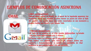 EJEMPLOS DE COMUNICACIÓN ASINCRONA
GMAIL
1-Abrir sesión en Gmail.
Cuando abres sesión en Gmail, en el panel de la izquierda aparecen tus
contactos. Verás que algunos de ellos tienen un punto de color al lado
del nombre. Eso quiere decir que están conectados en ese momento y
pueden hablar por Gmail o por Google Talk.
2-Mensaje personalizado.
Al lado de tu nombre en el chat puedes personalizar tu estado
con una frase seleccionada por ti mismo.
3-Pinchar sobre el contacto con el que quieres hablar.
Para hablar con alguien solo tienes que pinchar sobre ese
contacto e inmediatamente te saldrá una pantallita de chat
mediante la que podrás hablar con esa persona.
 