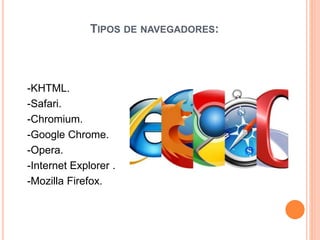 TIPOS DE NAVEGADORES:
-KHTML.
-Safari.
-Chromium.
-Google Chrome.
-Opera.
-Internet Explorer .
-Mozilla Firefox.
 