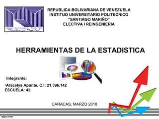 REPUBLICA BOLIVARIANA DE VENEZUELA
INSTITUO UNIVERSITARIO POLITECNICO
“SANTIAGO MARIÑO”
ELECTIVA I REINGENIERIA
HERRAMIENTAS DE LA ESTADISTICA
Integrante:
•Aracelys Aponte, C.I: 21.396.142
ESCUELA: 42
CARACAS, MARZO 2018
 