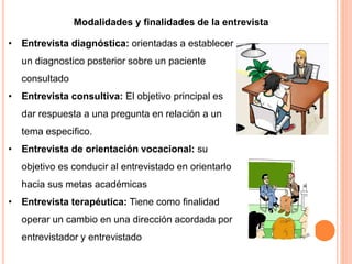 • Entrevista diagnóstica: orientadas a establecer
un diagnostico posterior sobre un paciente
consultado
• Entrevista consultiva: El objetivo principal es
dar respuesta a una pregunta en relación a un
tema especifico.
• Entrevista de orientación vocacional: su
objetivo es conducir al entrevistado en orientarlo
hacia sus metas académicas
• Entrevista terapéutica: Tiene como finalidad
operar un cambio en una dirección acordada por
entrevistador y entrevistado
Modalidades y finalidades de la entrevista
 