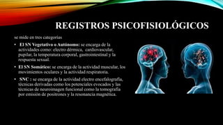 REGISTROS PSICOFISIOLÓGICOS
se mide en tres categorías
• El SN Vegetativo o Autónomo: se encarga de la
actividades como: electro dérmica, cardiovascular,
pupilar, la temperatura corporal, gastrointestinal y la
respuesta sexual.
• El SN Somático: se encarga de la actividad muscular, los
movimientos oculares y la actividad respiratoria.
• SNC : se encarga de la actividad electro encefalografía,
técnicas derivadas como los potenciales evocados y las
técnicas de neuroimagen funcional como la tomografía
por emisión de positrones y la resonancia magnética.
 